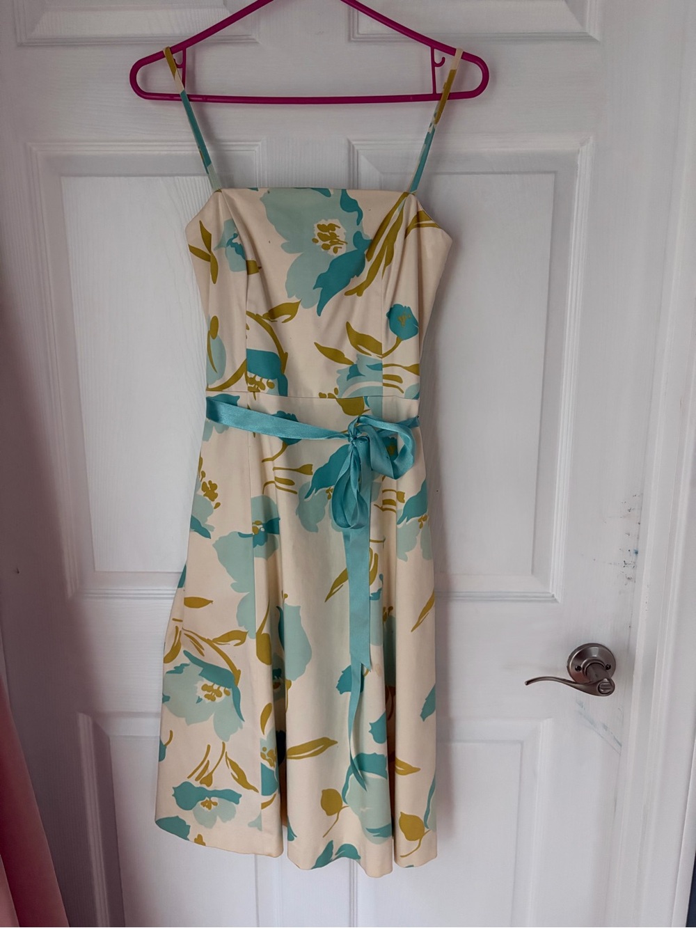 Banana Republic Floral A-Line Spaghetti Strap Dress in Cream and Teal